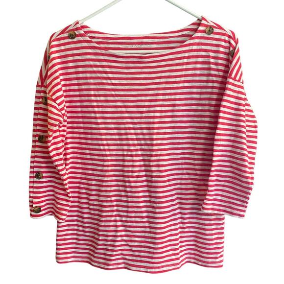 Talbots Petites Small SP 100% Cotton Pink White Stripe 1/2 Sleeve Top - Picture 1 of 7